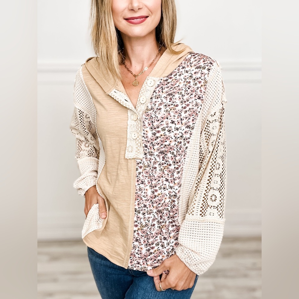 Taupe floral slub jersey bohemian boho lace button Henley hoodie sweatshirt